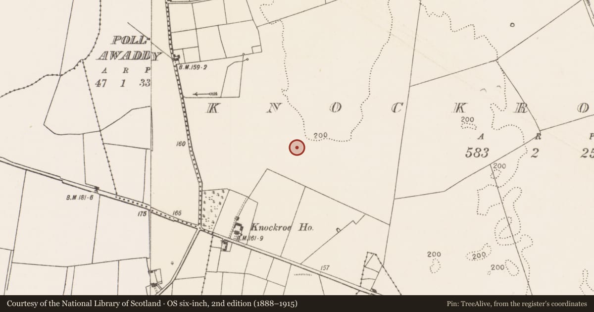 Ordnance Survey six-inch map, 2nd edition (1888–1915) covering the location of Road - road/trackway, Knockroe (Clanmorris By., Mayo Par.), County Mayo, with a pin at the register's coordinates