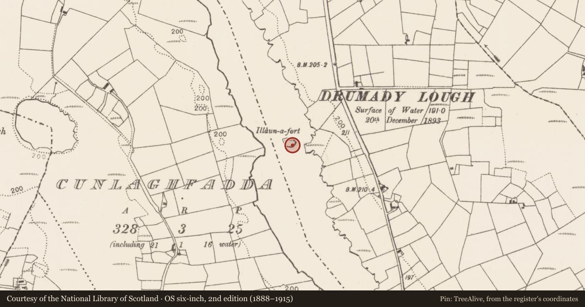 Ordnance Survey six-inch map, 2nd edition (1888–1915) covering the location of Crannog, Drumady, County Mayo, with a pin at the register's coordinates