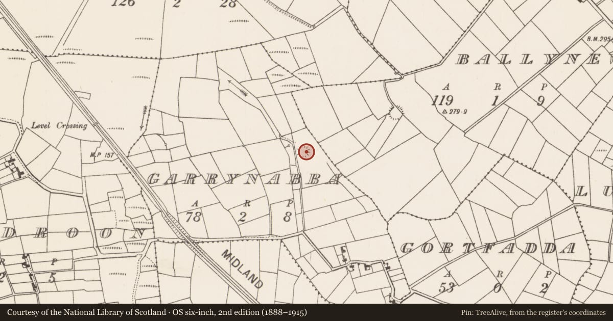 Ordnance Survey six-inch map, 2nd edition (1888–1915) covering the location of Enclosure, Garrynabba, County Mayo, with a pin at the register's coordinates