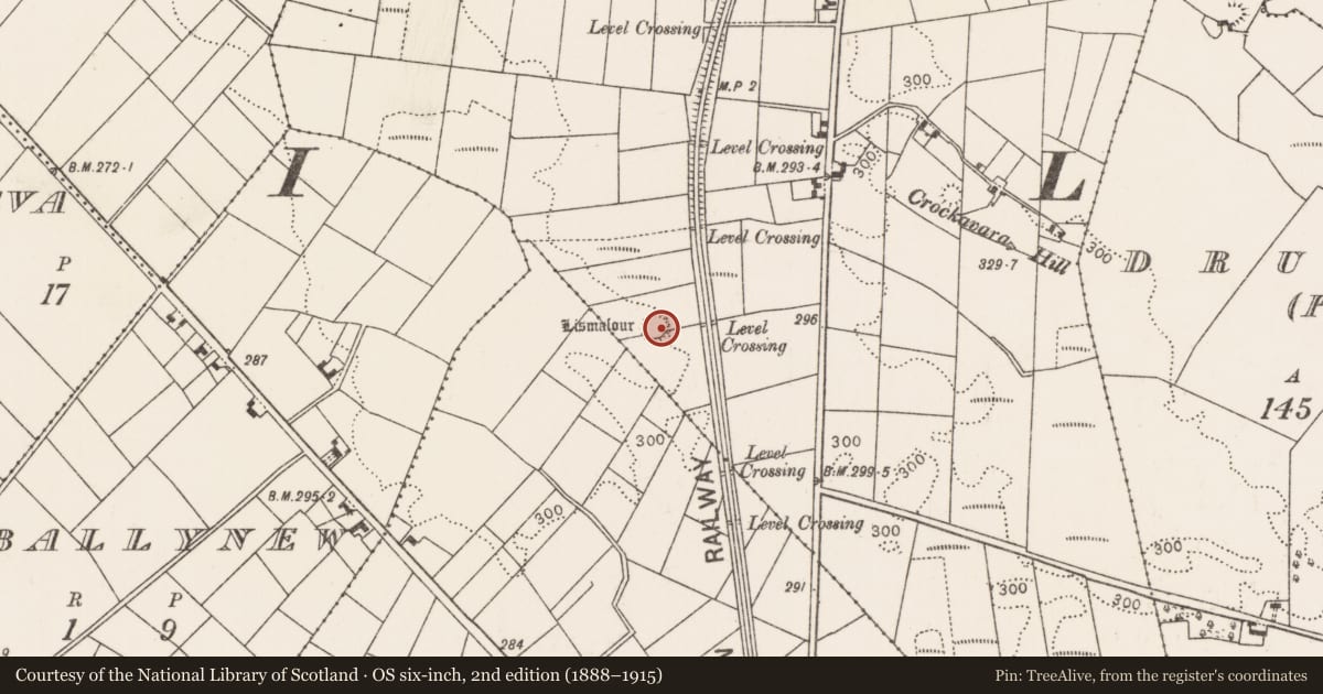 Ordnance Survey six-inch map, 2nd edition (1888–1915) covering the location of Enclosure, Drumneen, County Mayo, with a pin at the register's coordinates