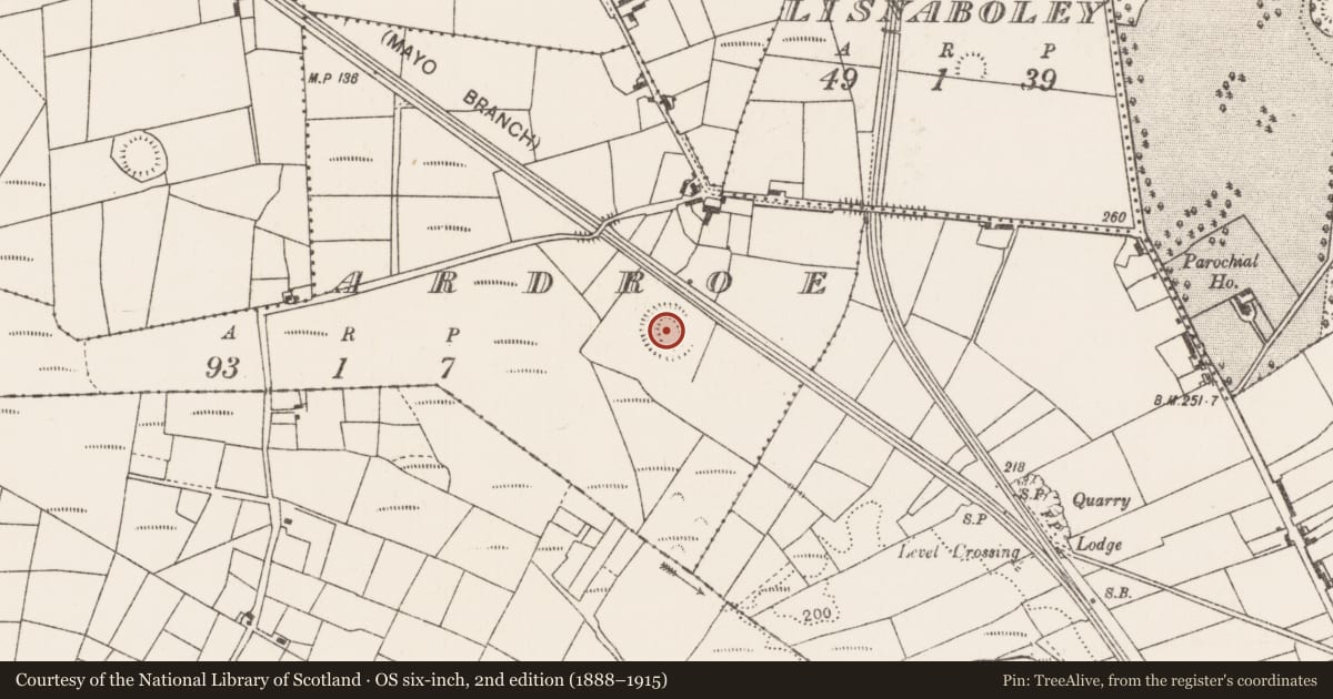 Ordnance Survey six-inch map, 2nd edition (1888–1915) covering the location of Enclosure, Ardroe, County Mayo, with a pin at the register's coordinates