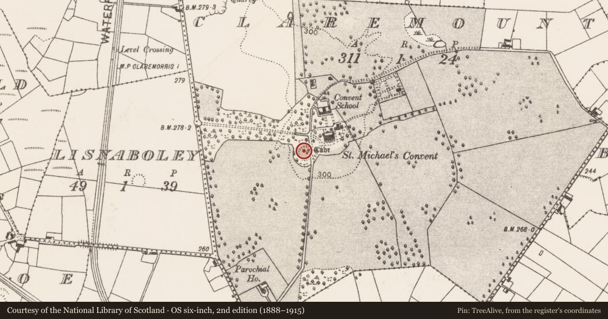 Ordnance Survey six-inch map, 2nd edition (1888–1915) covering the location of Ringfort - rath, Claremount, County Mayo, with a pin at the register's coordinates