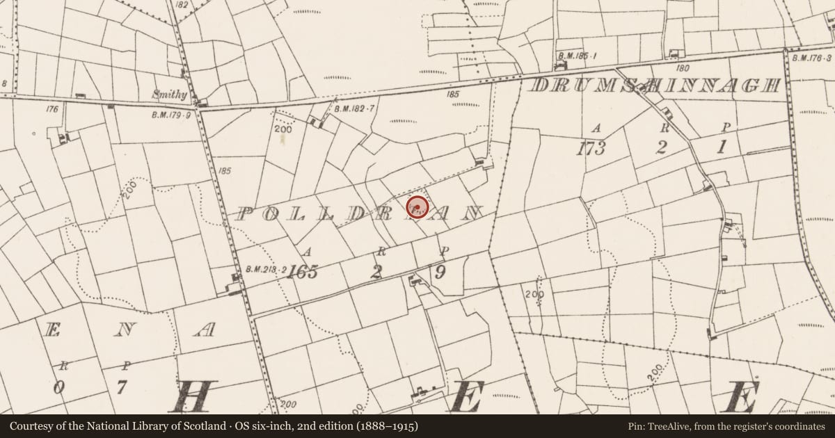 Ordnance Survey six-inch map, 2nd edition (1888–1915) covering the location of Enclosure, Polldrian, County Mayo, with a pin at the register's coordinates