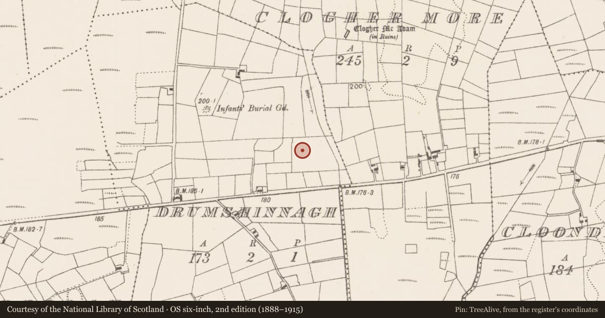 Ordnance Survey six-inch map, 2nd edition (1888–1915) covering the location of Earthwork, Drumshinnagh, County Mayo, with a pin at the register's coordinates