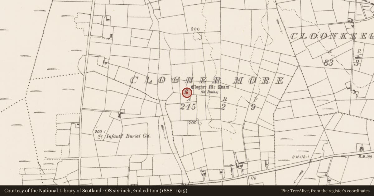 Ordnance Survey six-inch map, 2nd edition (1888–1915) covering the location of Building, Clogher More, County Mayo, with a pin at the register's coordinates