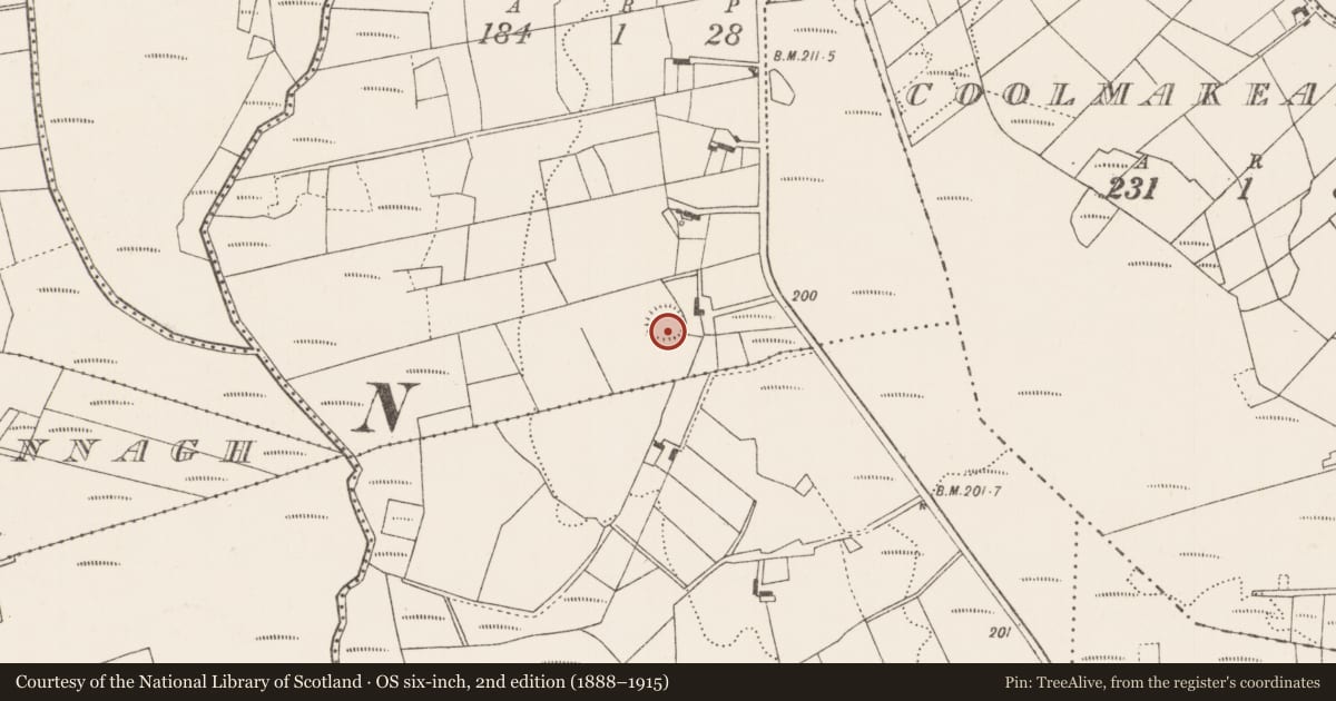 Ordnance Survey six-inch map, 2nd edition (1888–1915) covering the location of Enclosure, Cloondinnaire, County Mayo, with a pin at the register's coordinates