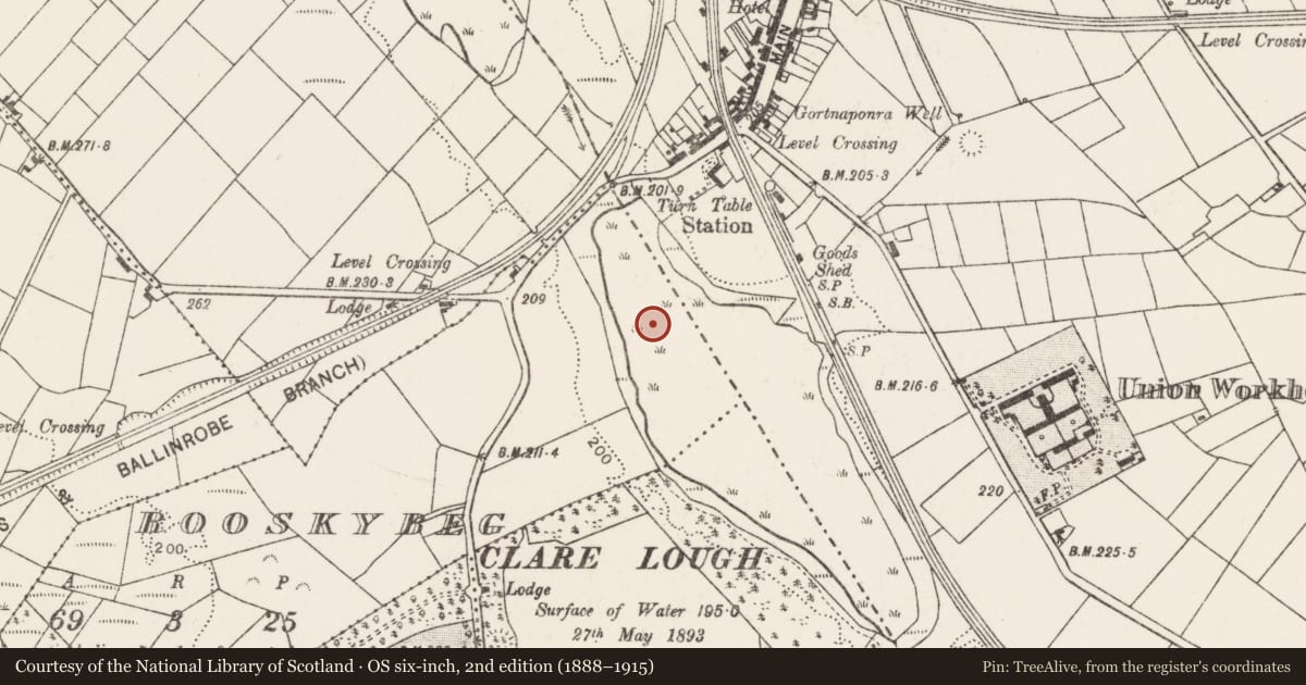 Ordnance Survey six-inch map, 2nd edition (1888–1915) covering the location of Crannog, Rooskybeg, County Mayo, with a pin at the register's coordinates