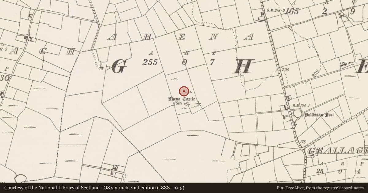 Ordnance Survey six-inch map, 2nd edition (1888–1915) covering the location of Earthwork, Ahena, County Mayo, with a pin at the register's coordinates