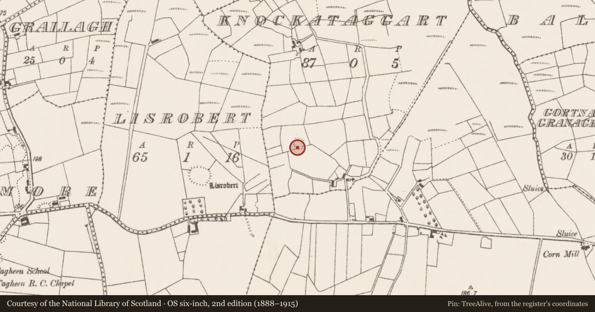 Ordnance Survey six-inch map, 2nd edition (1888–1915) covering the location of Enclosure, Knockataggart, County Mayo, with a pin at the register's coordinates
