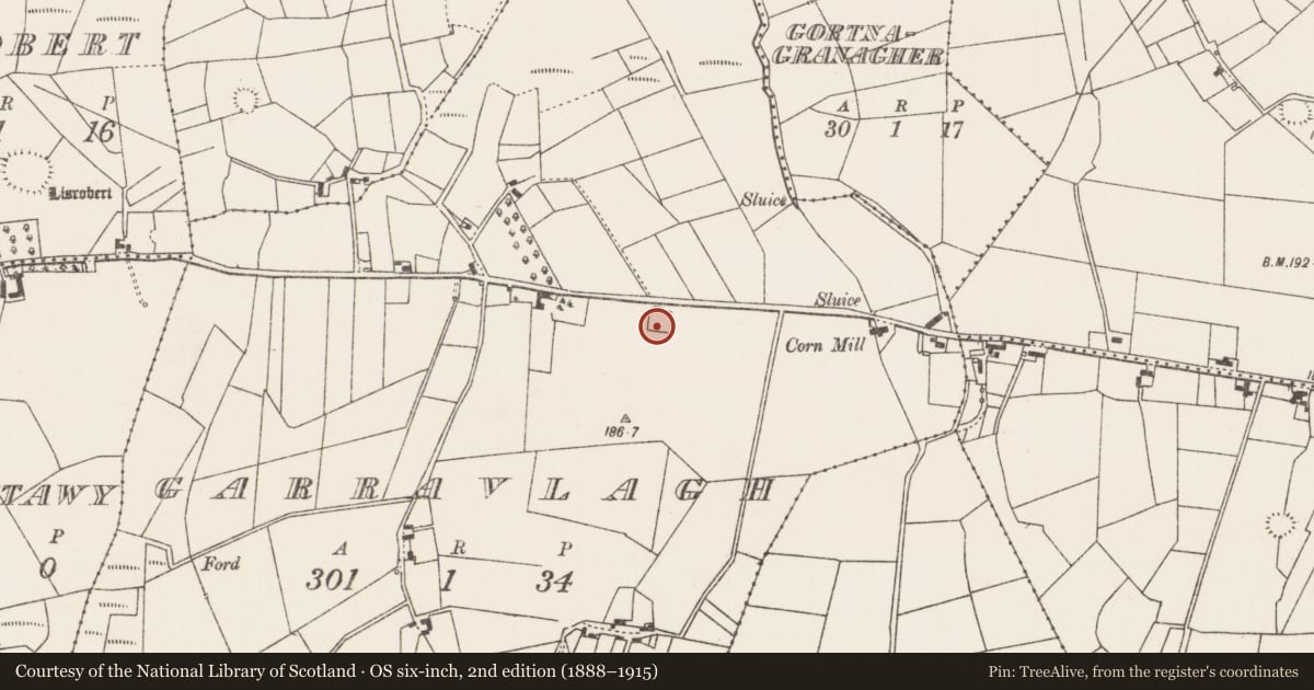 Ordnance Survey six-inch map, 2nd edition (1888–1915) covering the location of Enclosure, Garravlagh, County Mayo, with a pin at the register's coordinates