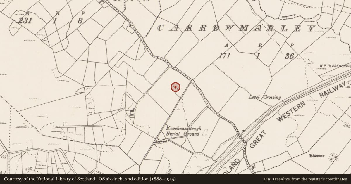 Ordnance Survey six-inch map, 2nd edition (1888–1915) covering the location of Enclosure, Coolmakean, County Mayo, with a pin at the register's coordinates