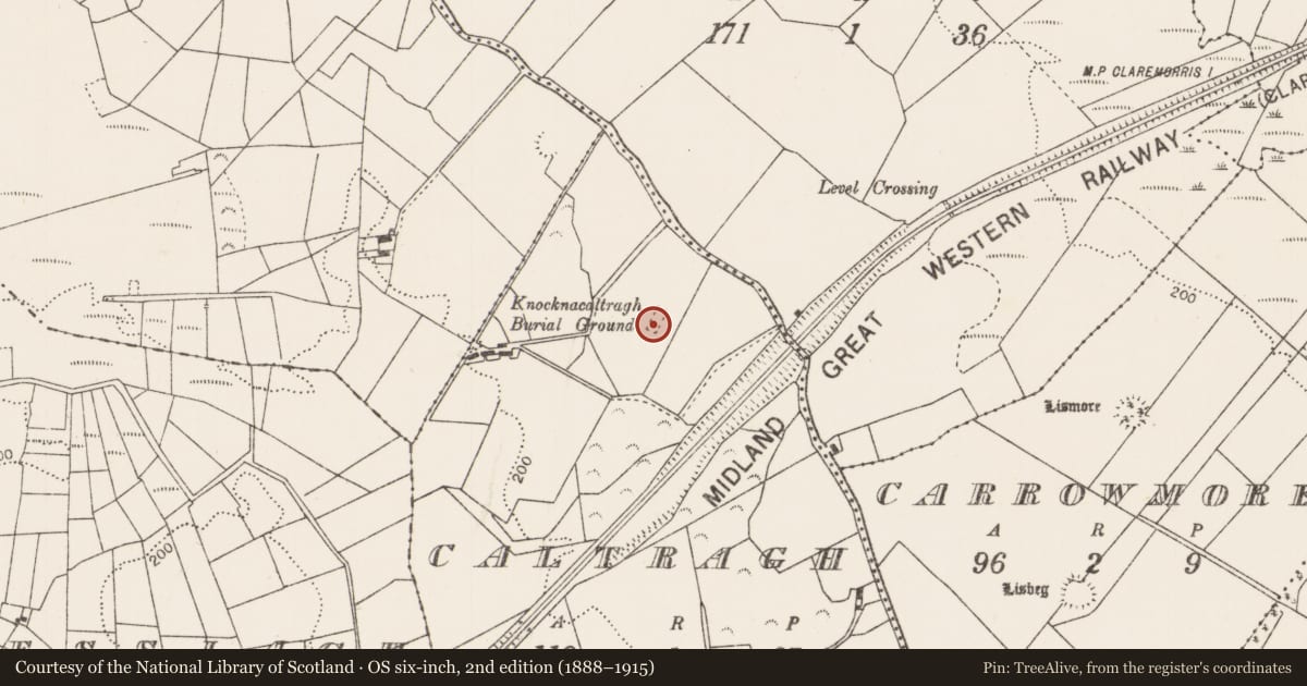 Ordnance Survey six-inch map, 2nd edition (1888–1915) covering the location of Children's burial ground, Caltragh, County Mayo, with a pin at the register's coordinates