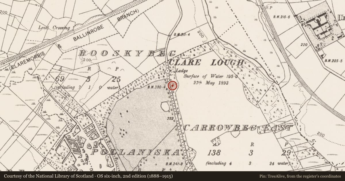 Ordnance Survey six-inch map, 2nd edition (1888–1915) covering the location of Enclosure, Carrowbeg East, County Mayo, with a pin at the register's coordinates