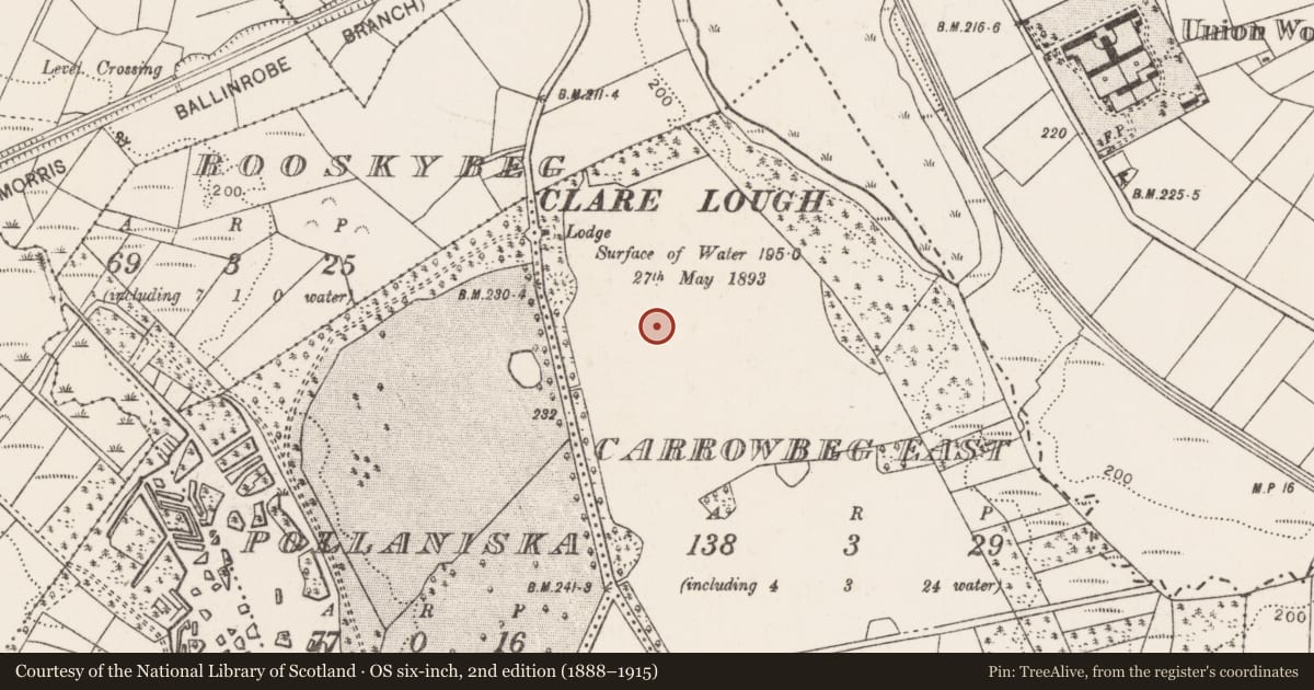 Ordnance Survey six-inch map, 2nd edition (1888–1915) covering the location of Enclosure, Carrowbeg East, County Mayo, with a pin at the register's coordinates