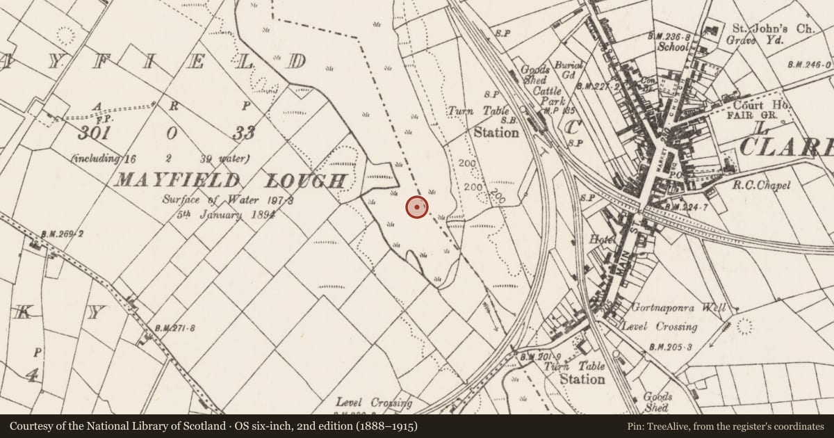 Ordnance Survey six-inch map, 2nd edition (1888–1915) covering the location of Crannog, Clare, Mayfield, County Mayo, with a pin at the register's coordinates
