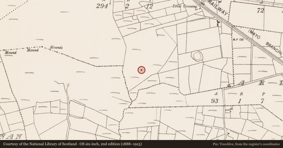 Ordnance Survey six-inch map, 2nd edition (1888–1915) covering the location of Earthwork, Streamstown, County Mayo, with a pin at the register's coordinates