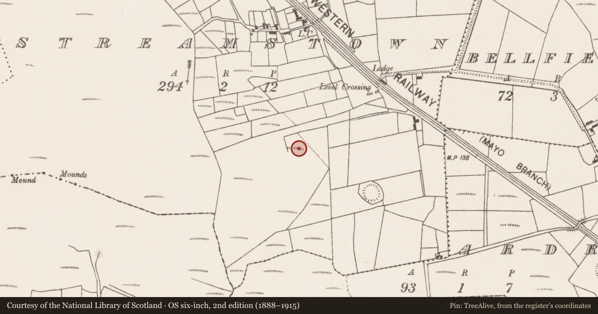 Ordnance Survey six-inch map, 2nd edition (1888–1915) covering the location of Earthwork, Streamstown, County Mayo, with a pin at the register's coordinates