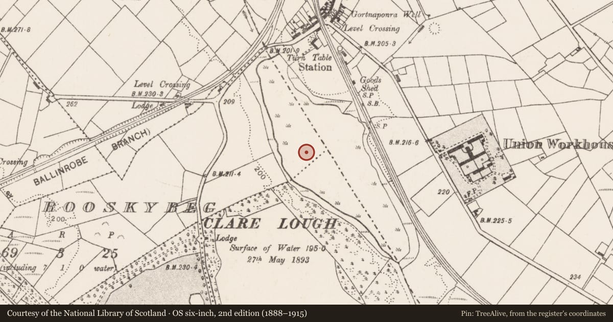 Ordnance Survey six-inch map, 2nd edition (1888–1915) covering the location of Crannog, Rooskybeg, County Mayo, with a pin at the register's coordinates