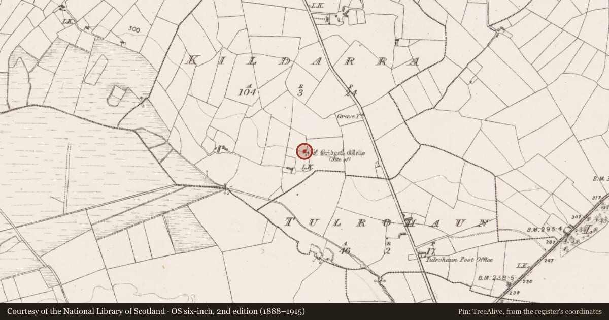 Ordnance Survey six-inch map, 2nd edition (1888–1915) covering the location of Ritual site - holy well, Kildarra, County Mayo, with a pin at the register's coordinates