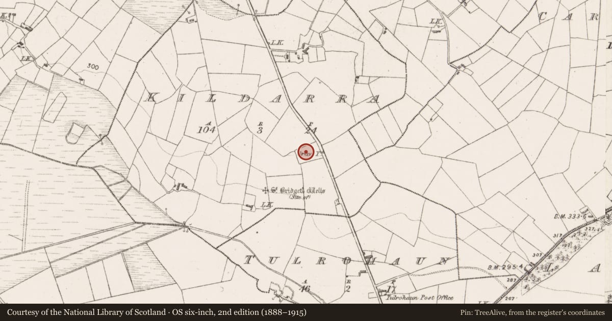 Ordnance Survey six-inch map, 2nd edition (1888–1915) covering the location of Graveyard, Kildarra, County Mayo, with a pin at the register's coordinates