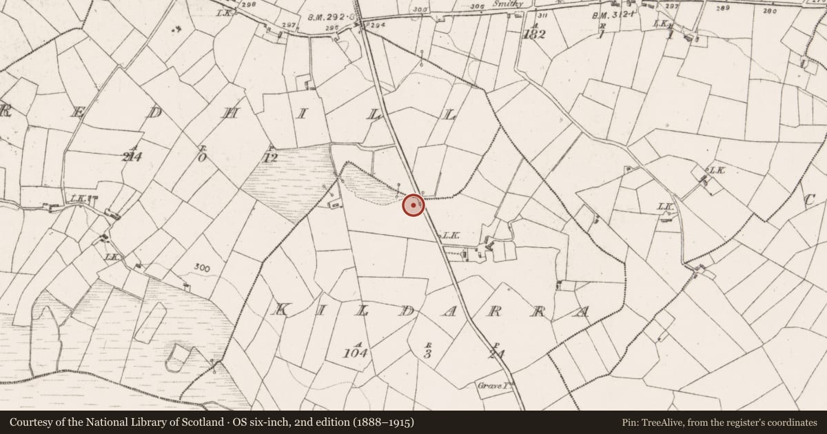Ordnance Survey six-inch map, 2nd edition (1888–1915) covering the location of Fulacht fia, Kildarra, County Mayo, with a pin at the register's coordinates