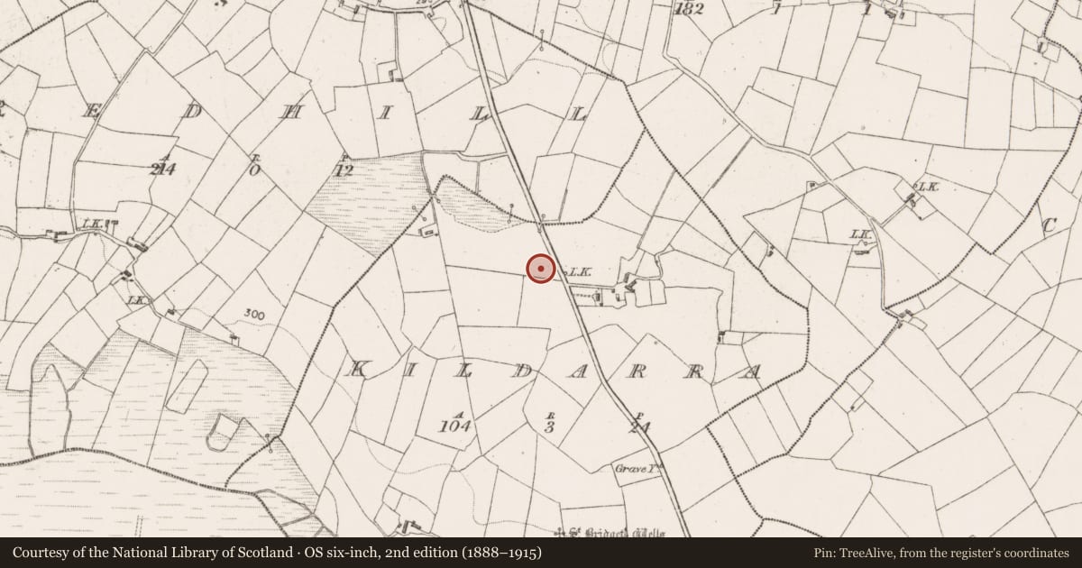 Ordnance Survey six-inch map, 2nd edition (1888–1915) covering the location of Fulacht fia, Kildarra, County Mayo, with a pin at the register's coordinates