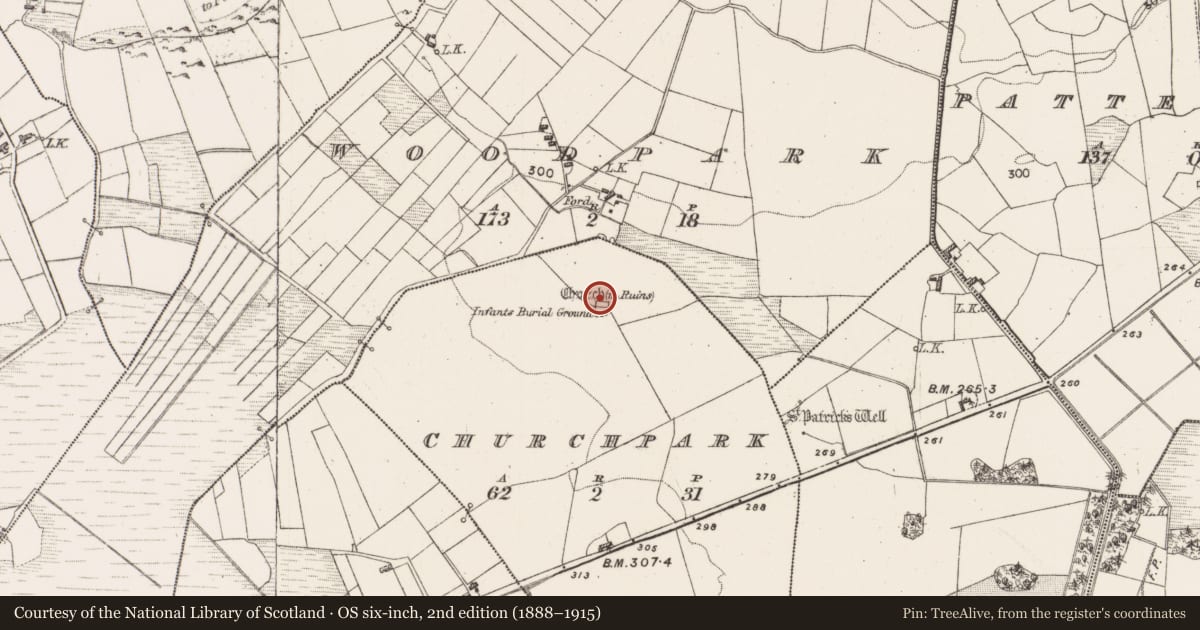 Ordnance Survey six-inch map, 2nd edition (1888–1915) covering the location of Church, Churchpark, County Mayo, with a pin at the register's coordinates