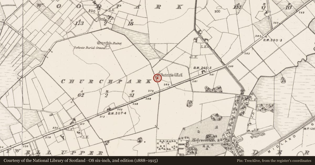 Ordnance Survey six-inch map, 2nd edition (1888–1915) covering the location of Church, Holywell Lower, County Mayo, with a pin at the register's coordinates