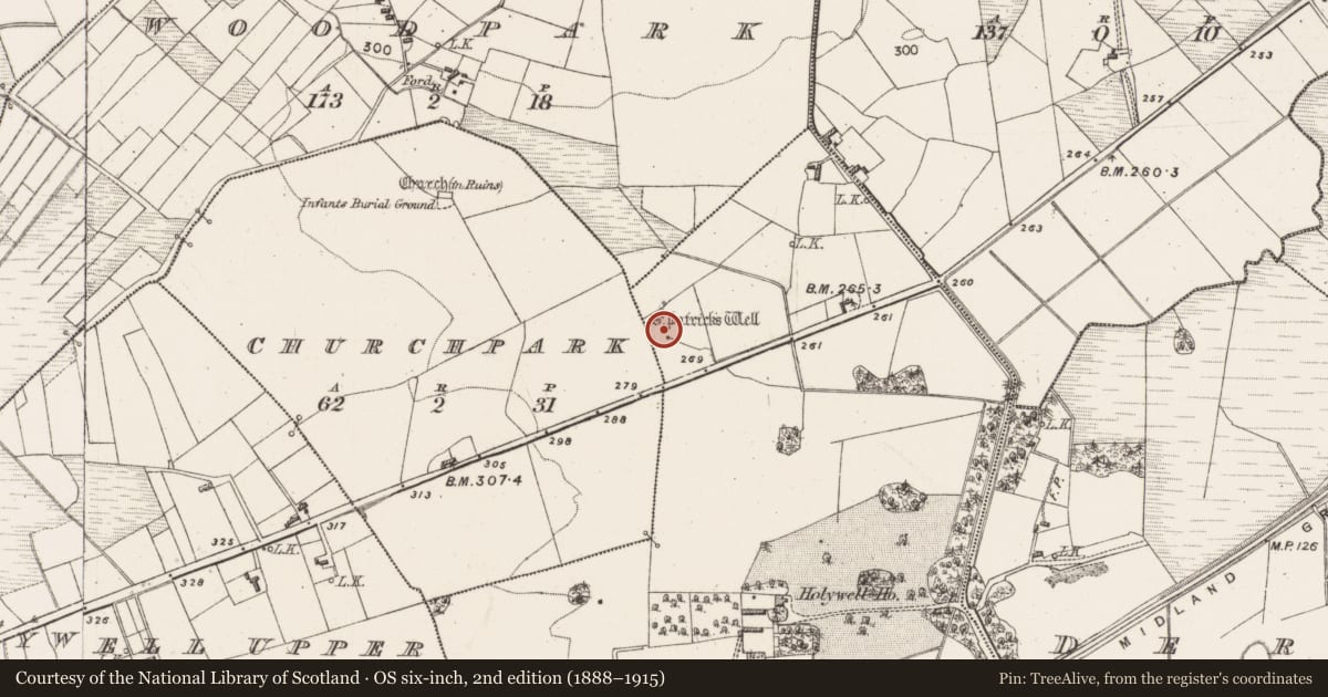 Ordnance Survey six-inch map, 2nd edition (1888–1915) covering the location of Ritual site - holy well, Holywell Lower, County Mayo, with a pin at the register's coordinates