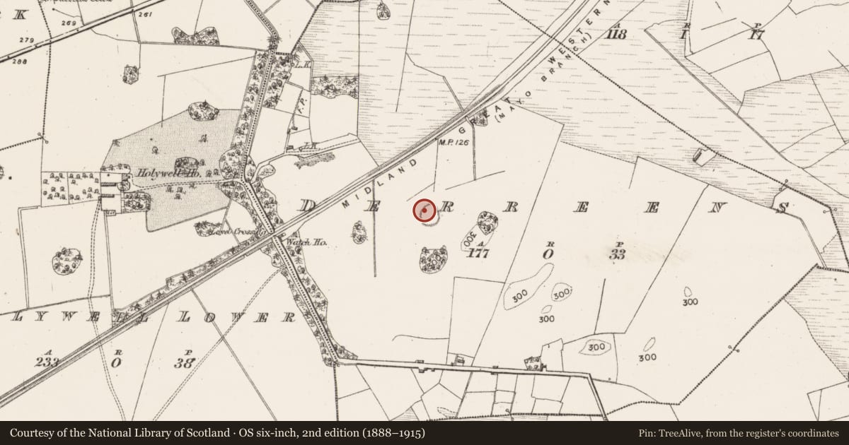 Ordnance Survey six-inch map, 2nd edition (1888–1915) covering the location of Ringfort - rath, Derreens, County Mayo, with a pin at the register's coordinates
