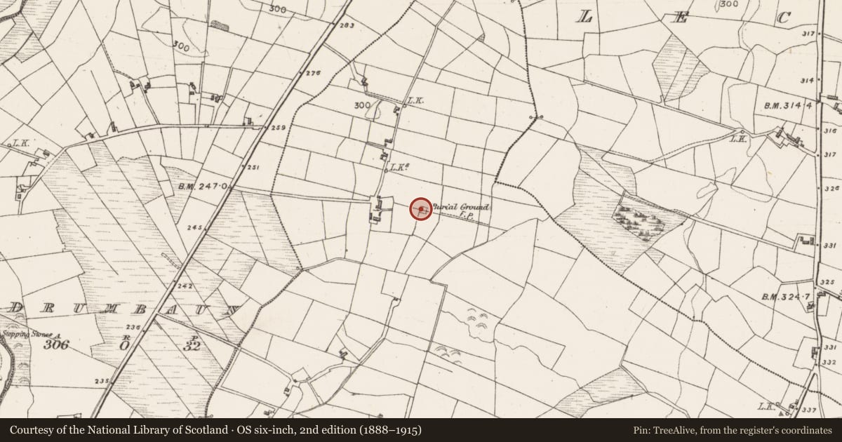 Ordnance Survey six-inch map, 2nd edition (1888–1915) covering the location of Children's burial ground, Grallagh, County Mayo, with a pin at the register's coordinates