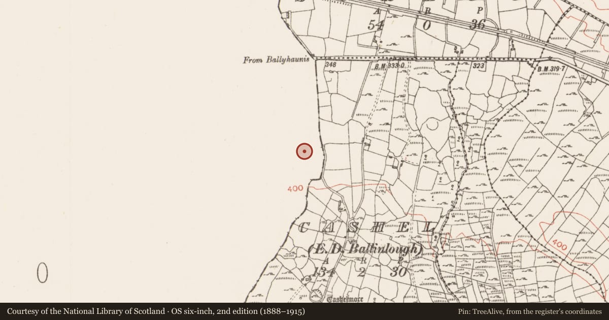 Ordnance Survey six-inch map, 2nd edition (1888–1915) covering the location of Burial ground, Coolnafarna, County Mayo, with a pin at the register's coordinates