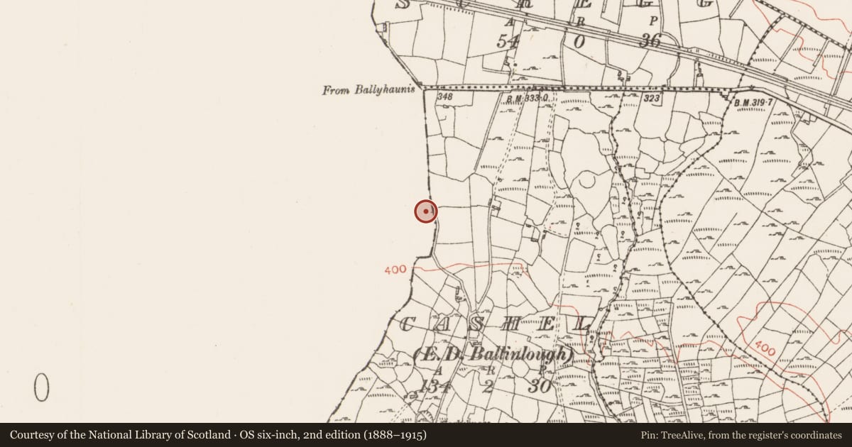Ordnance Survey six-inch map, 2nd edition (1888–1915) covering the location of Ritual site - holy well, Coolnafarna, County Mayo, with a pin at the register's coordinates