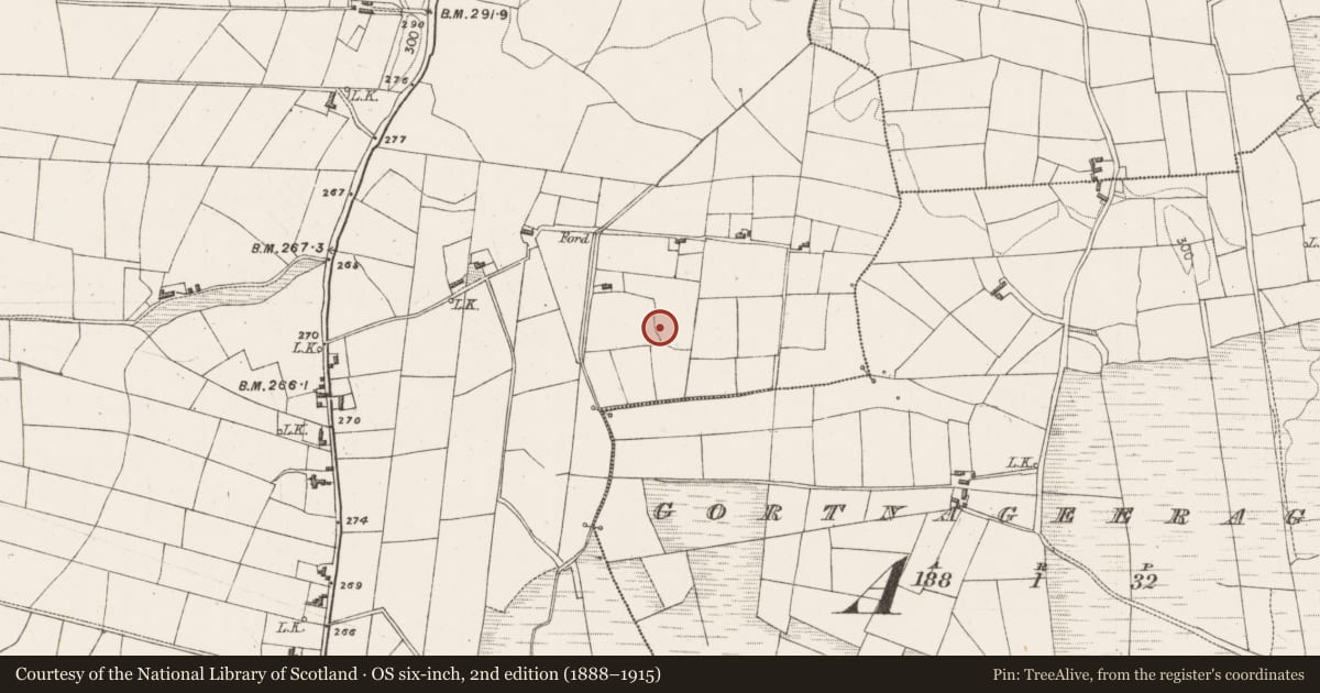 Ordnance Survey six-inch map, 2nd edition (1888–1915) covering the location of Enclosure, Grallagh, County Mayo, with a pin at the register's coordinates