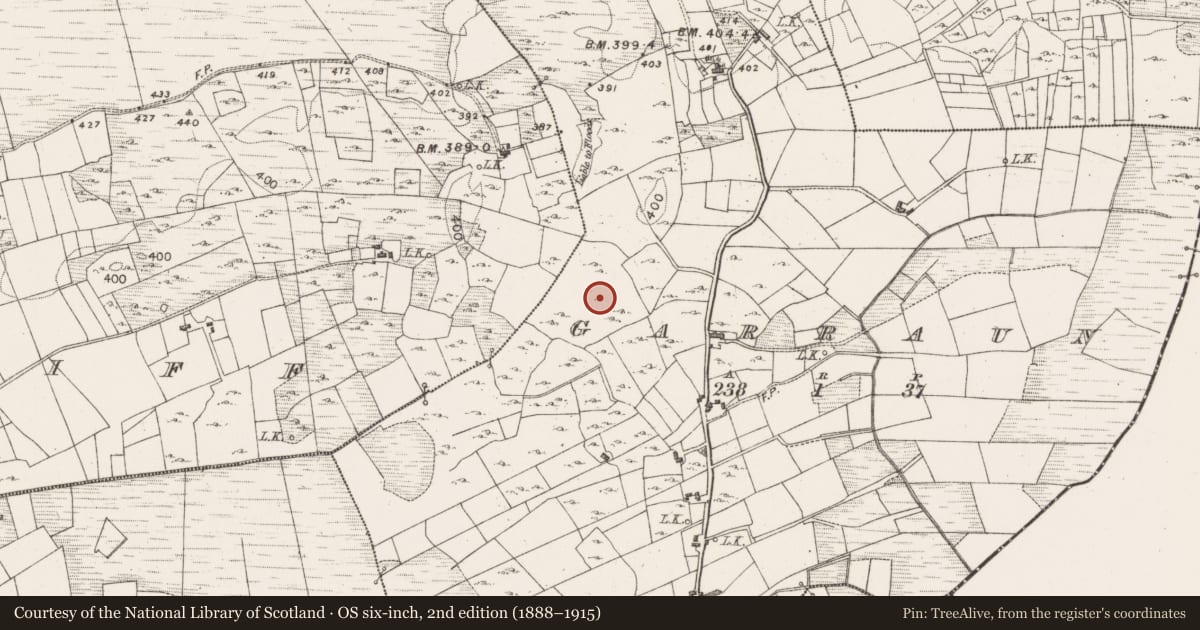 Ordnance Survey six-inch map, 2nd edition (1888–1915) covering the location of Enclosure, Garraun, County Mayo, with a pin at the register's coordinates