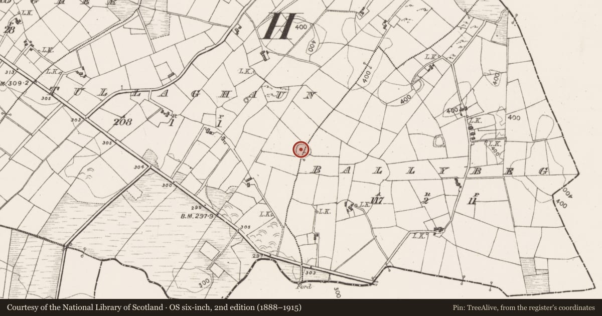 Ordnance Survey six-inch map, 2nd edition (1888–1915) covering the location of Souterrain, Ballybeg, Tullaghaun, County Mayo, with a pin at the register's coordinates