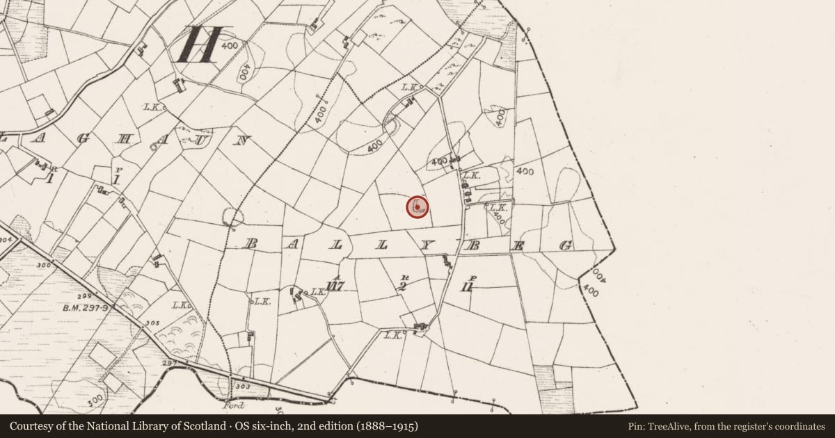 Ordnance Survey six-inch map, 2nd edition (1888–1915) covering the location of Enclosure, Ballybeg, County Mayo, with a pin at the register's coordinates