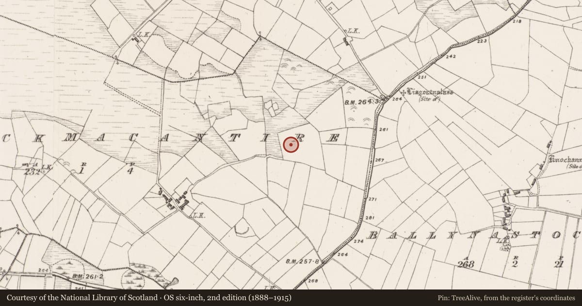 Ordnance Survey six-inch map, 2nd edition (1888–1915) covering the location of Enclosure, Carrickmacantire, County Mayo, with a pin at the register's coordinates