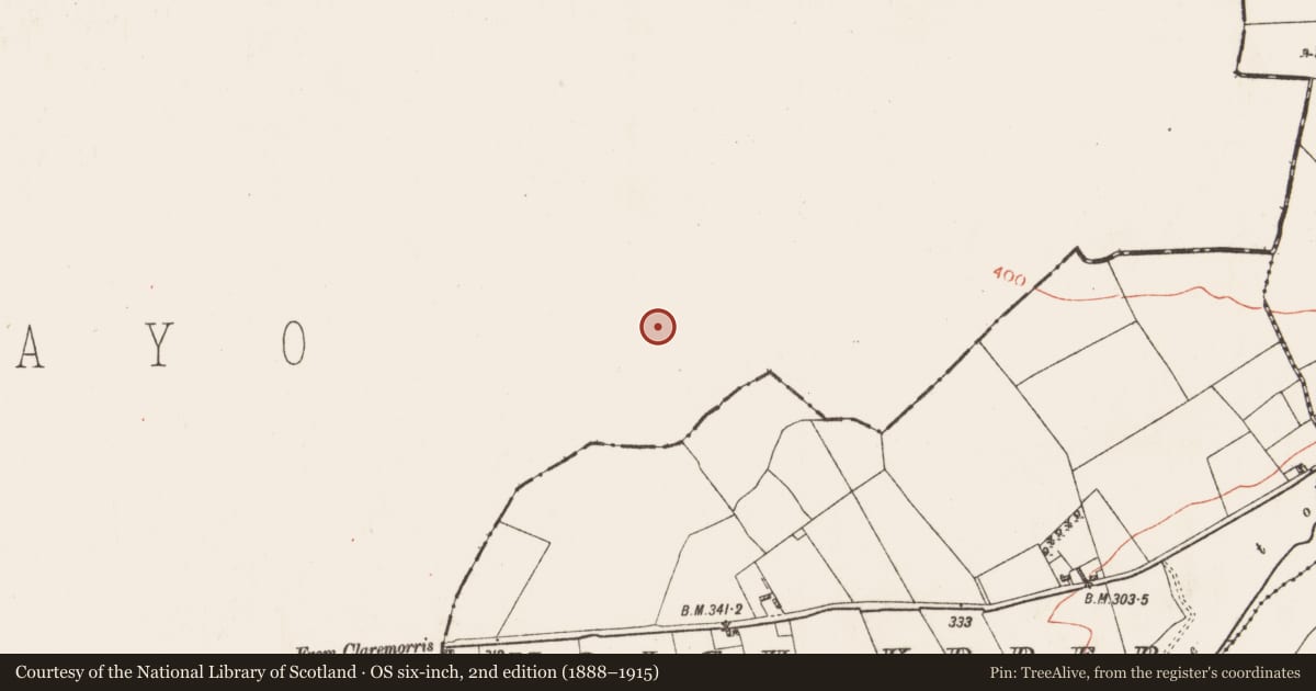 Ordnance Survey six-inch map, 2nd edition (1888–1915) covering the location of Hut site, Ballyglass Middle, County Mayo, with a pin at the register's coordinates