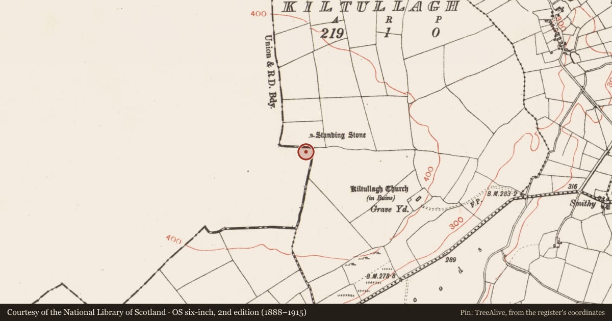 Ordnance Survey six-inch map, 2nd edition (1888–1915) covering the location of Standing stone, Ballyglass Middle, County Mayo, with a pin at the register's coordinates