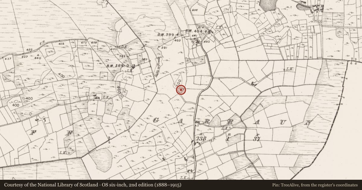 Ordnance Survey six-inch map, 2nd edition (1888–1915) covering the location of Bullaun stone, Garraun, County Mayo, with a pin at the register's coordinates