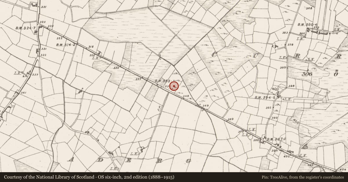 Ordnance Survey six-inch map, 2nd edition (1888–1915) covering the location of Fulacht fia, Aderg, County Mayo, with a pin at the register's coordinates