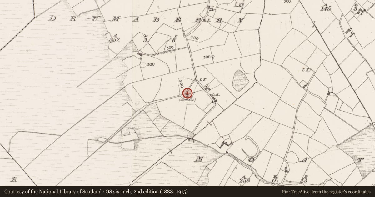 Ordnance Survey six-inch map, 2nd edition (1888–1915) covering the location of Mound, Drumaderry, County Mayo, with a pin at the register's coordinates