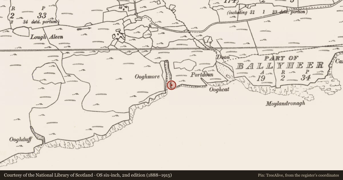 Ordnance Survey six-inch map, 2nd edition (1888–1915) covering the location of Promontory fort - coastal, Ballyheer, County Mayo, with a pin at the register's coordinates