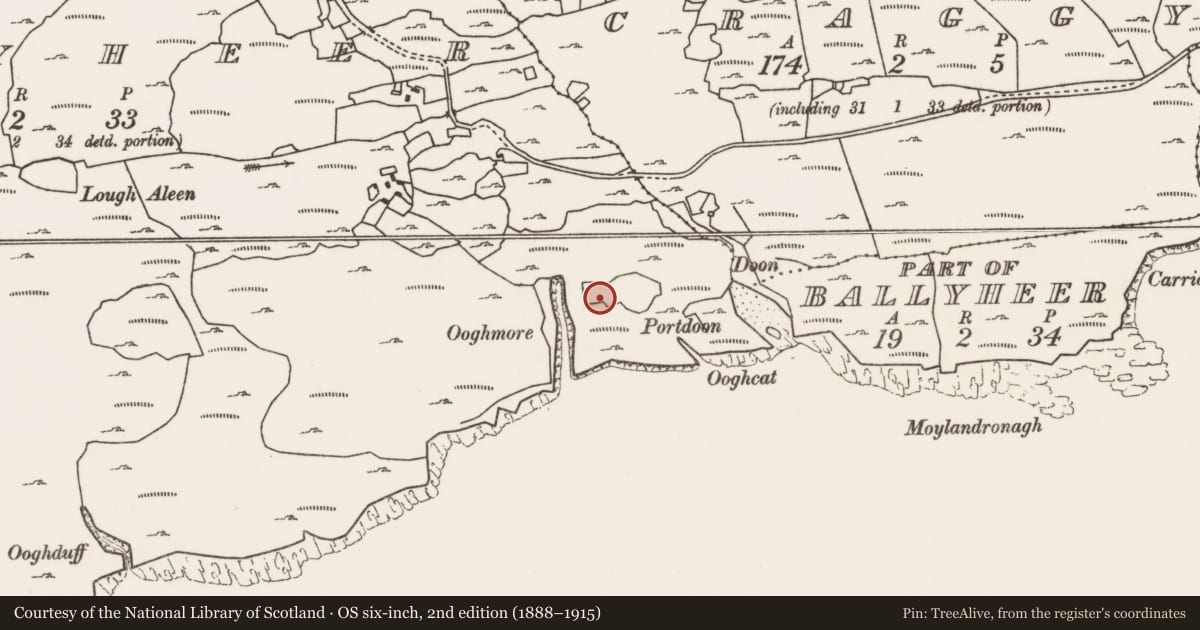 Ordnance Survey six-inch map, 2nd edition (1888–1915) covering the location of Children's burial ground, Ballyheer, County Mayo, with a pin at the register's coordinates