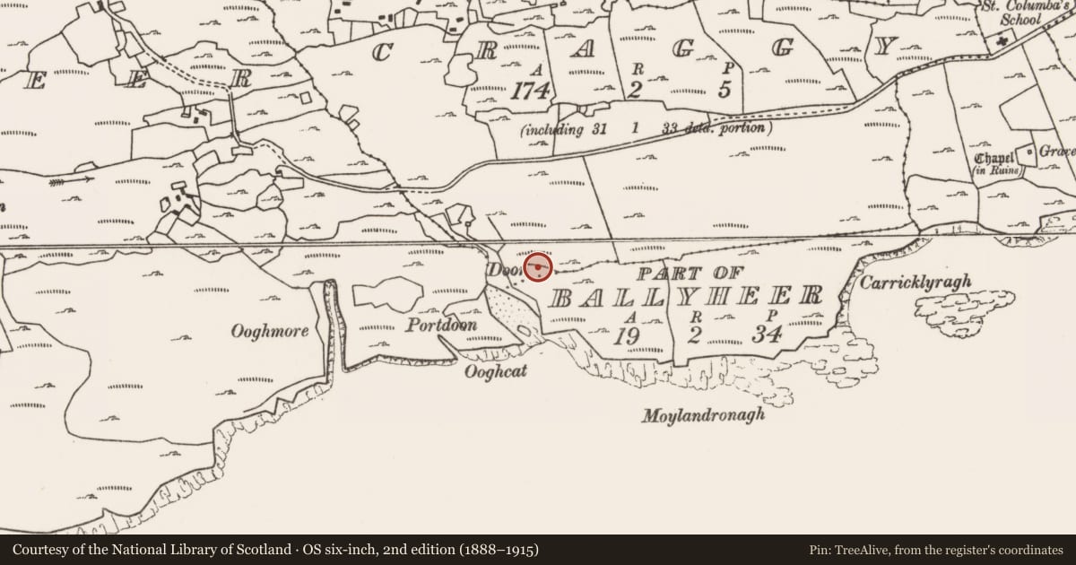 Ordnance Survey six-inch map, 2nd edition (1888–1915) covering the location of Enclosure, Craggy, County Mayo, with a pin at the register's coordinates