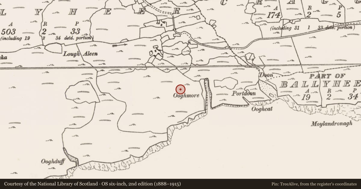 Ordnance Survey six-inch map, 2nd edition (1888–1915) covering the location of House - indeterminate date, Ballyheer, County Mayo, with a pin at the register's coordinates