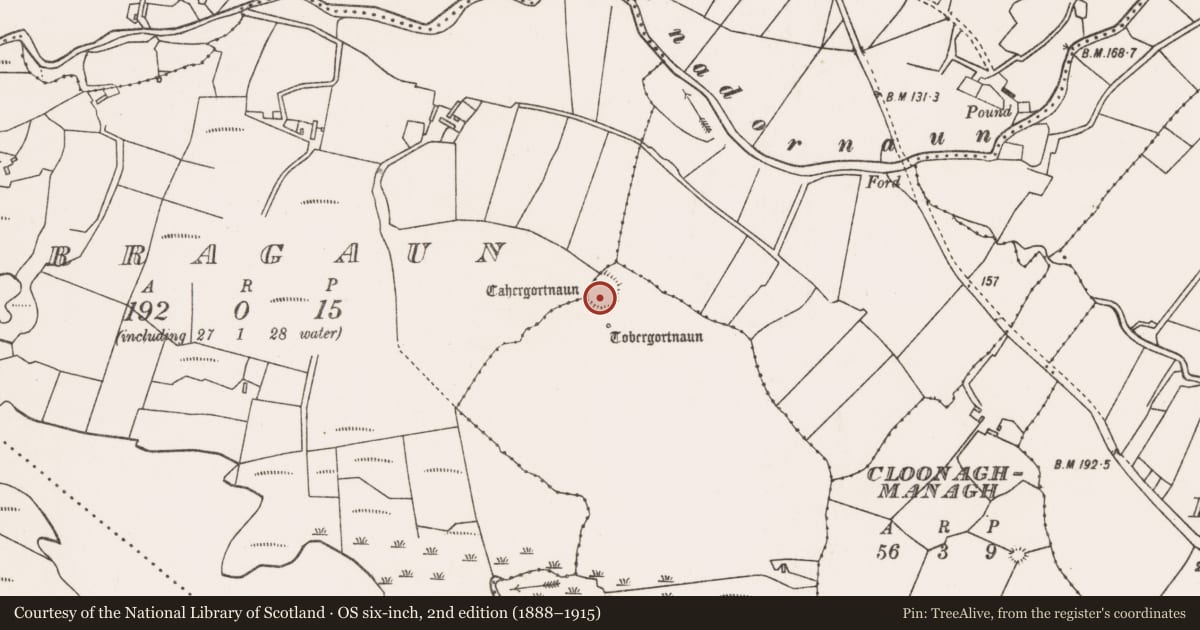 Ordnance Survey six-inch map, 2nd edition (1888–1915) covering the location of Ringfort - cashel, Claggan, County Mayo, with a pin at the register's coordinates