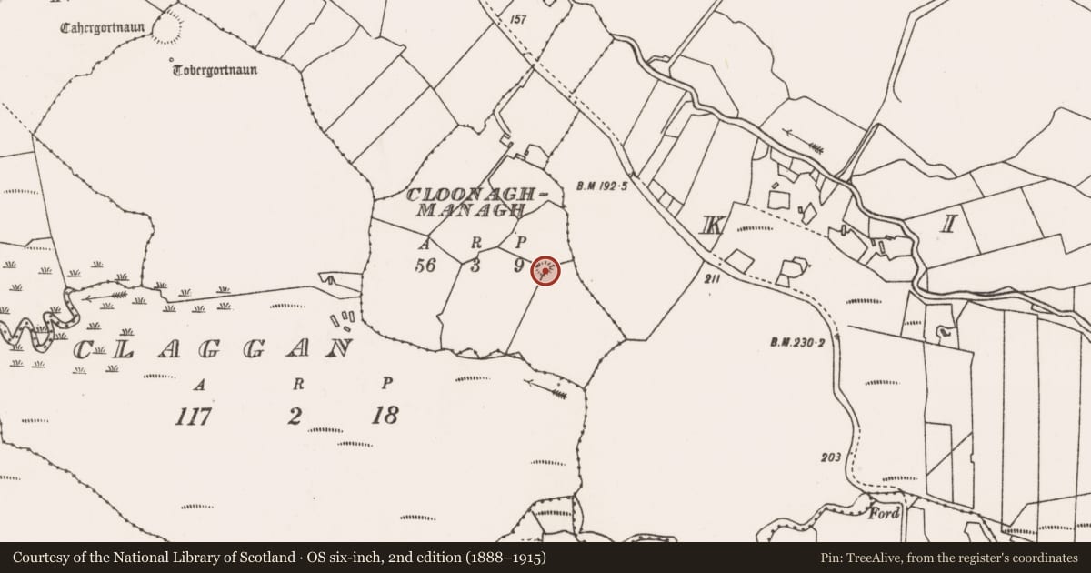 Ordnance Survey six-inch map, 2nd edition (1888–1915) covering the location of Enclosure, Cloonaghmanagh, County Mayo, with a pin at the register's coordinates