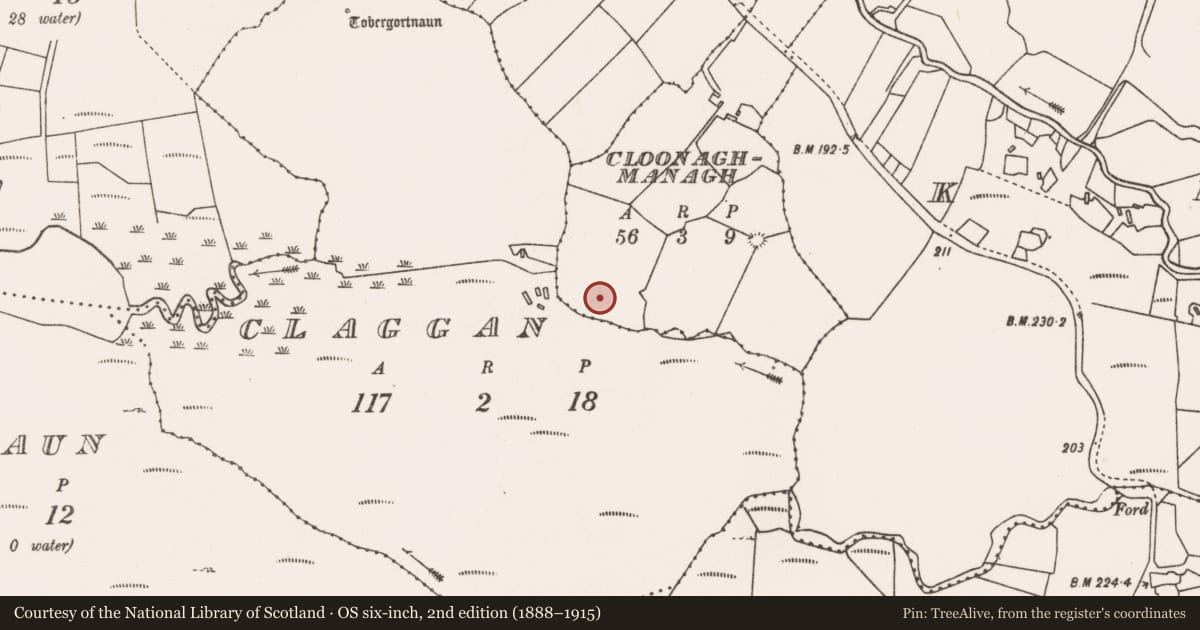 Ordnance Survey six-inch map, 2nd edition (1888–1915) covering the location of Enclosure, Cloonaghmanagh, County Mayo, with a pin at the register's coordinates